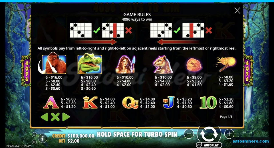 Paytable lists animal and card symbol values
