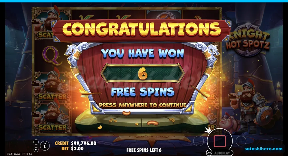 Six free spins banner appears after three scatters