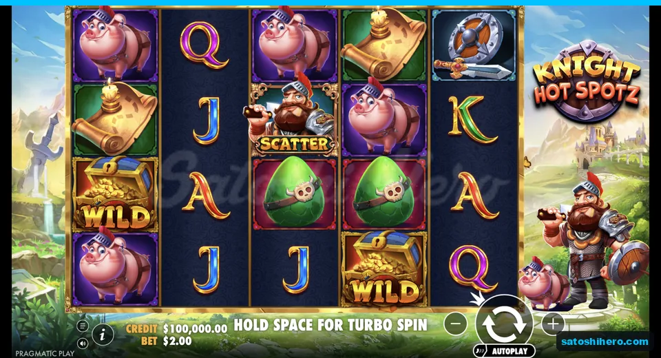 Paytable shows pig knight, wild chest and scatter