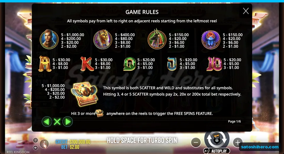 Game rules list symbol payouts and Book wild