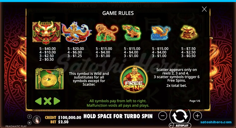 Paytable displays dragon and phoenix values