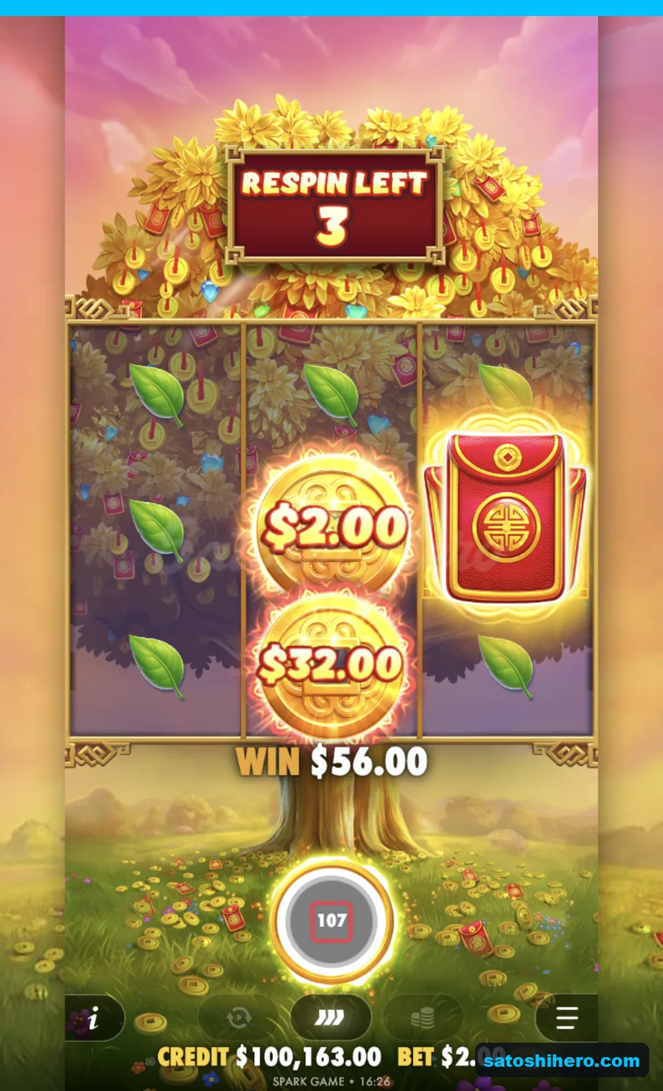 Hold and Win grid shows $56 total