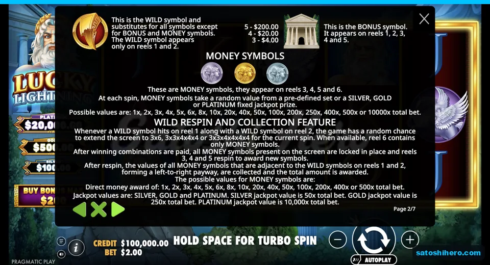 Rules page shows wild, bonus, and money symbols