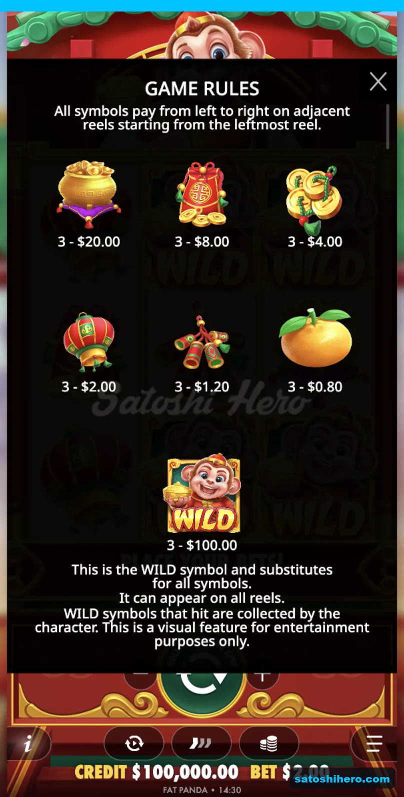 Paytable lists wild, pot, envelope and fruit values