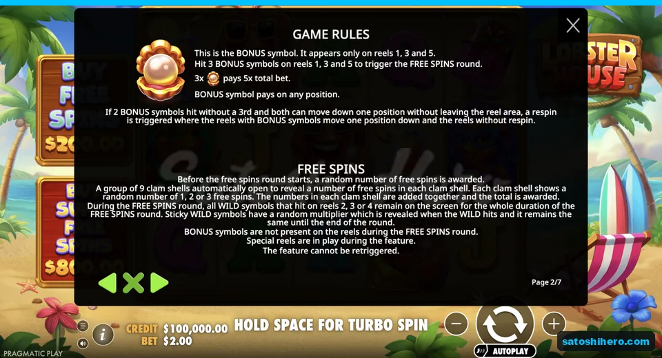 Rules page shows pearl clam bonus symbol