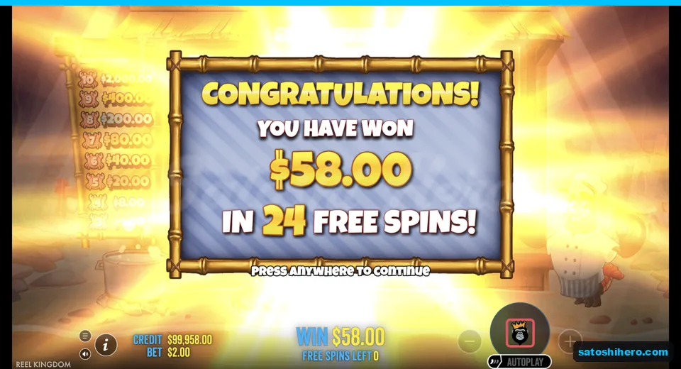 Collect screen shows $58.00 from 24 spins