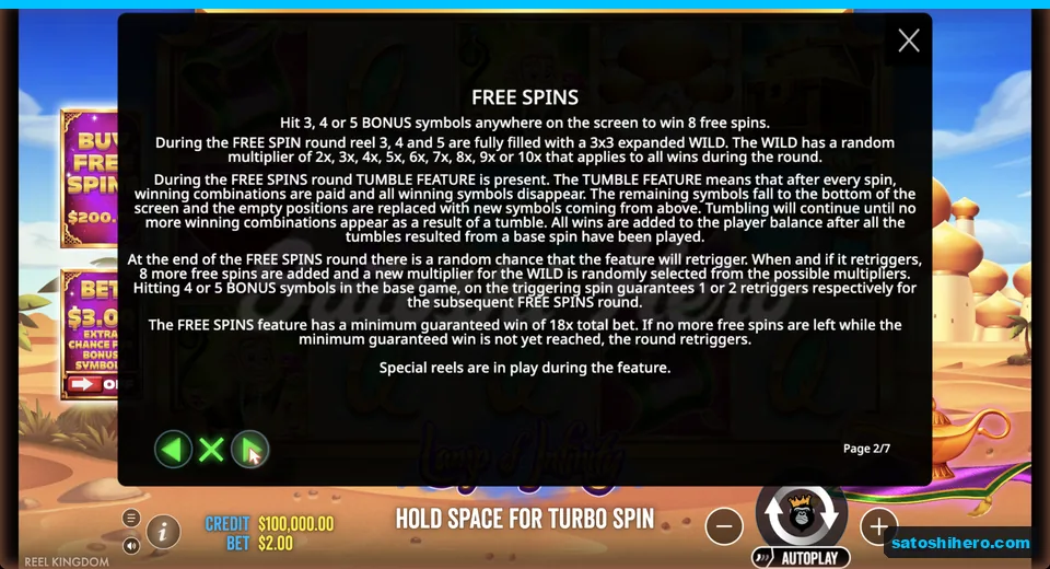 Rules page explains free spins and Wilds