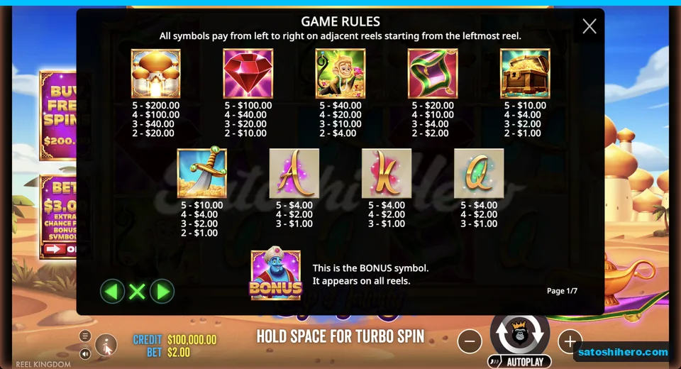 Rules page lists symbol pay values