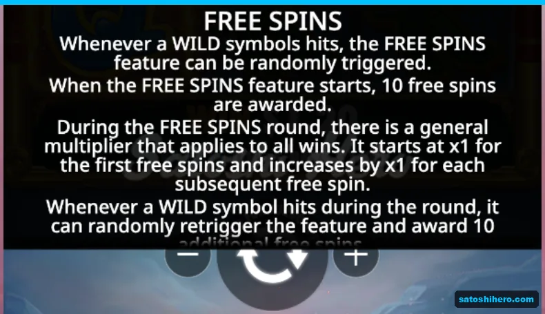Rules panel explains ten spins and rising multiplier