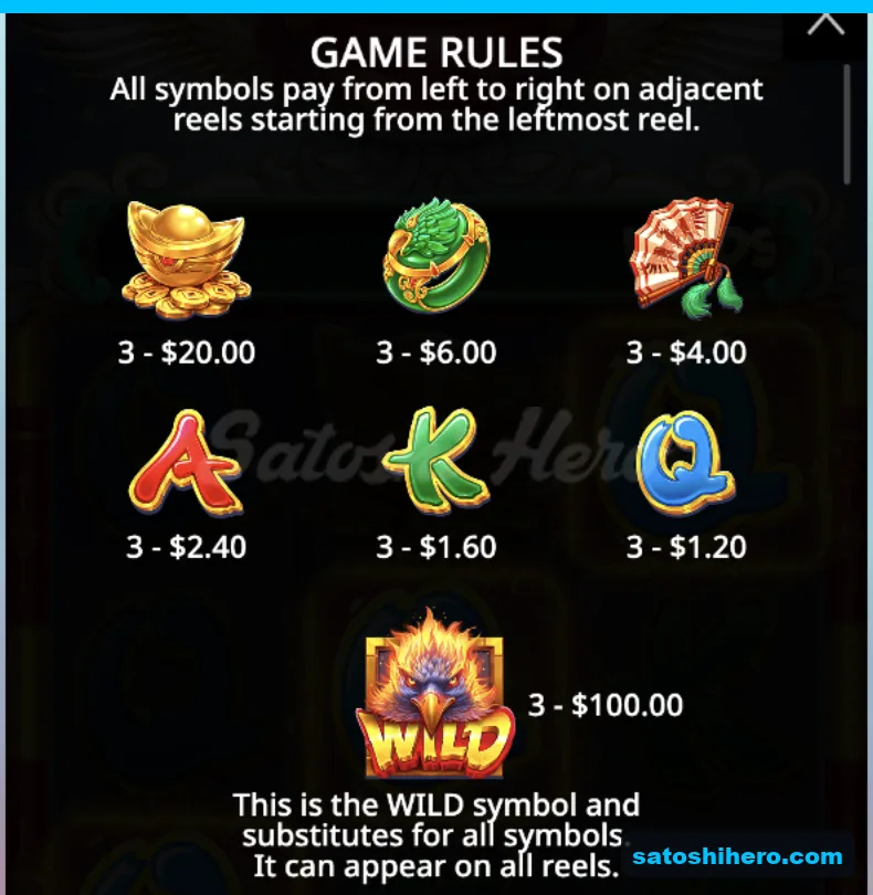 Paytable page lists wild, ingot, ring, fan, royals