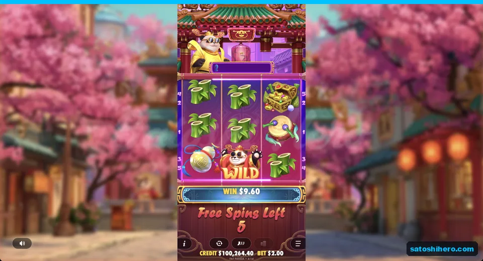 Free spin shows wild landing and $9.60 win