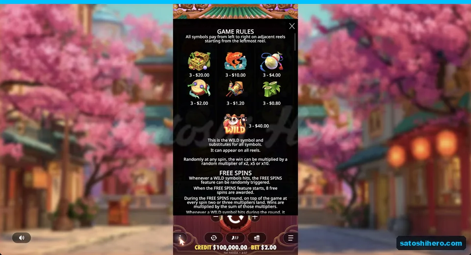 Paytable shows symbol payouts and wild value