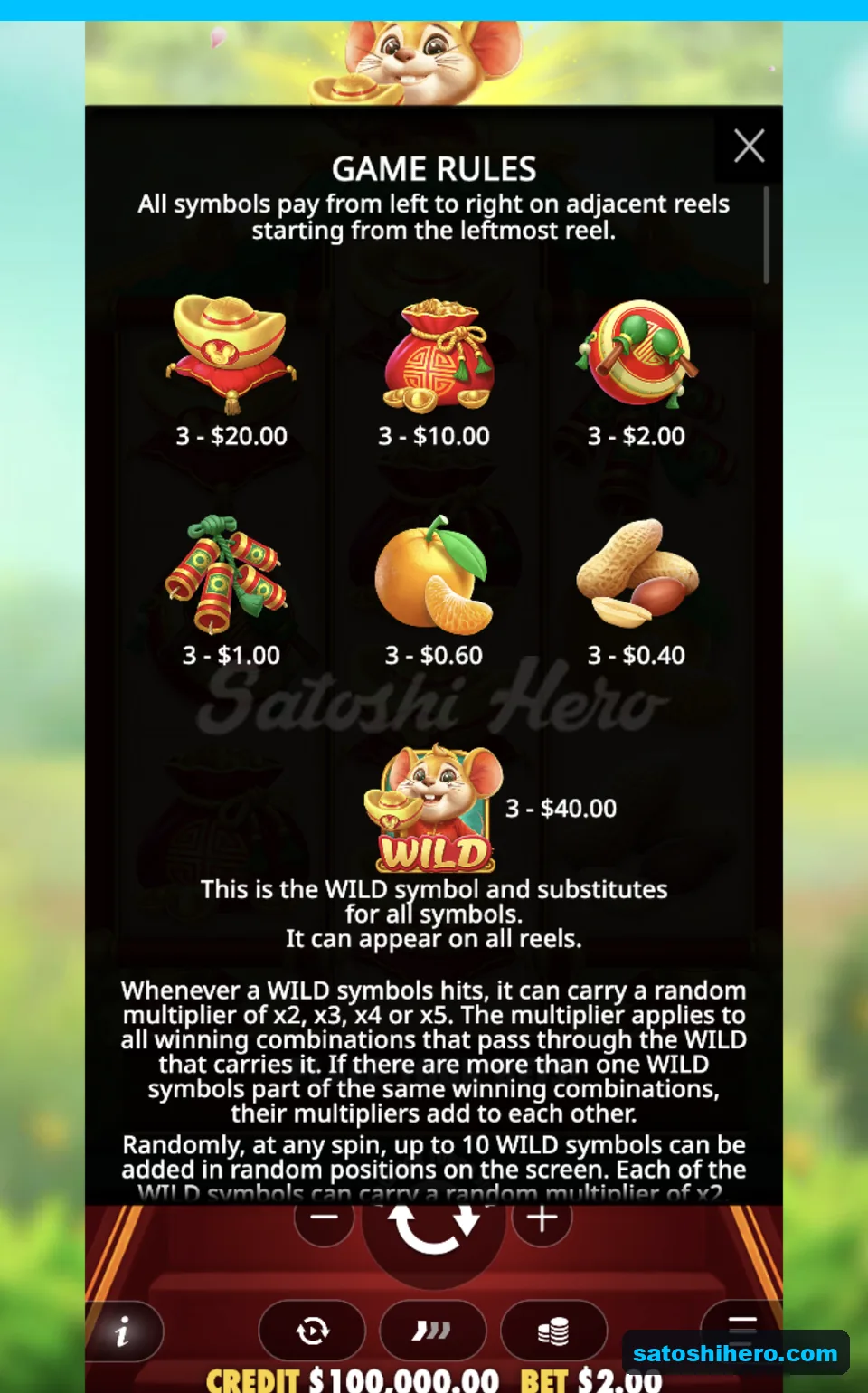Paytable lists three-symbol values and wild rules