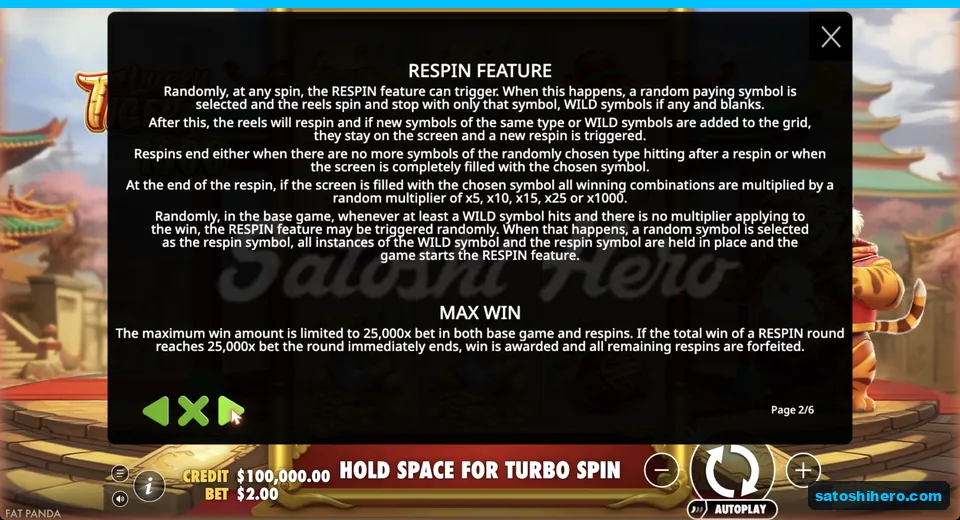 Rules page explains respins and multiplier cap