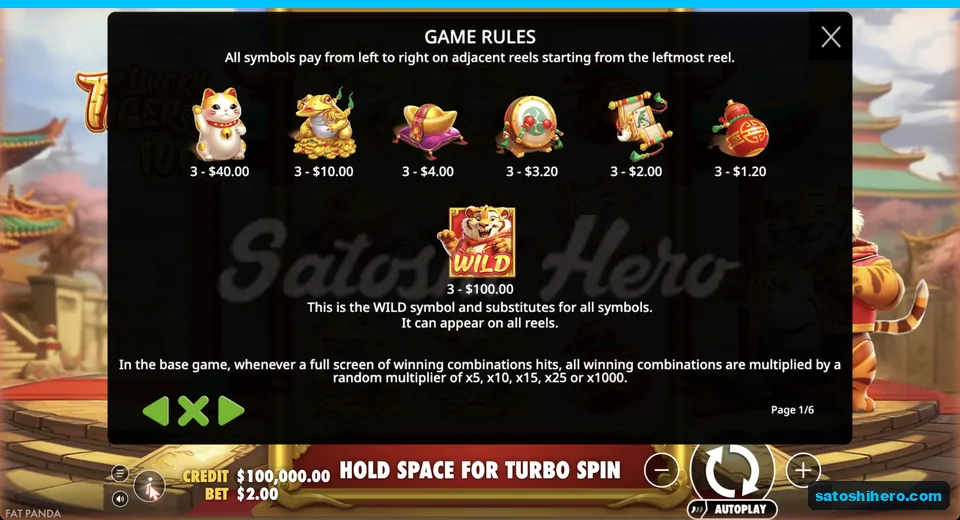 Paytable lists symbol values and wild tiger