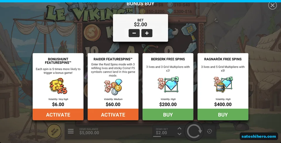 Buy menu shows direct bonuses and FeatureSpins