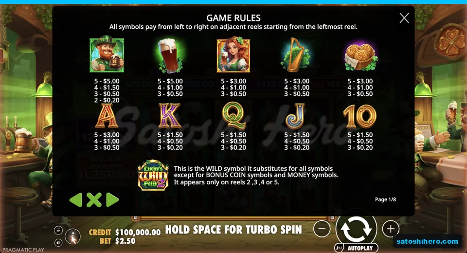 Paytable opens with symbol values listed