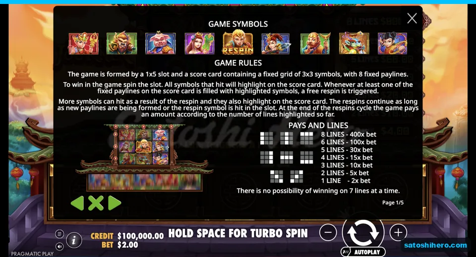Rules page shows symbols and line payouts