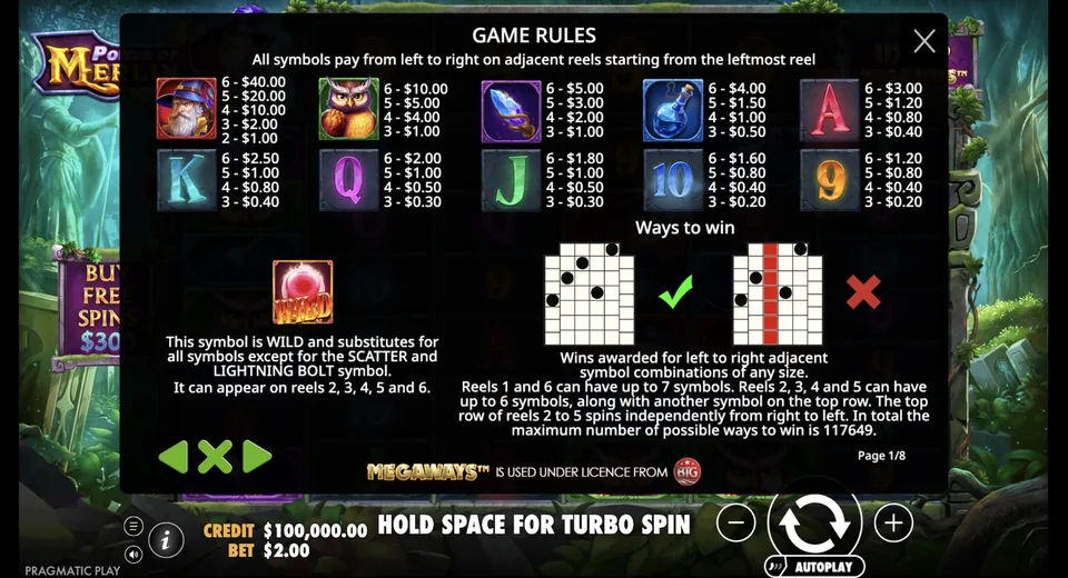 Paytable lists wizard, owl, staff and royals