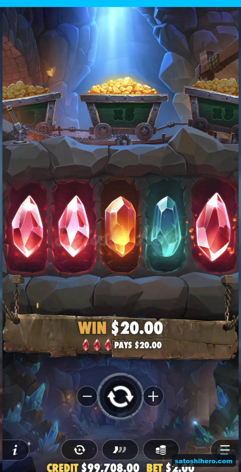 Win banner shows three red gems paying $20