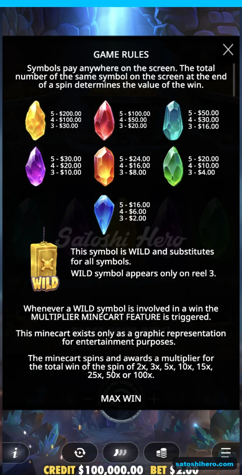 Rules page lists gem pays and multiplier values
