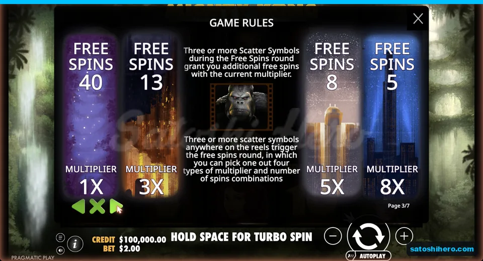 Rules page lists four free spins options