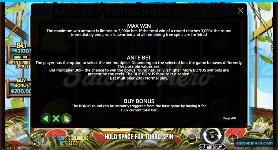 Rules show max win ante and buy costs