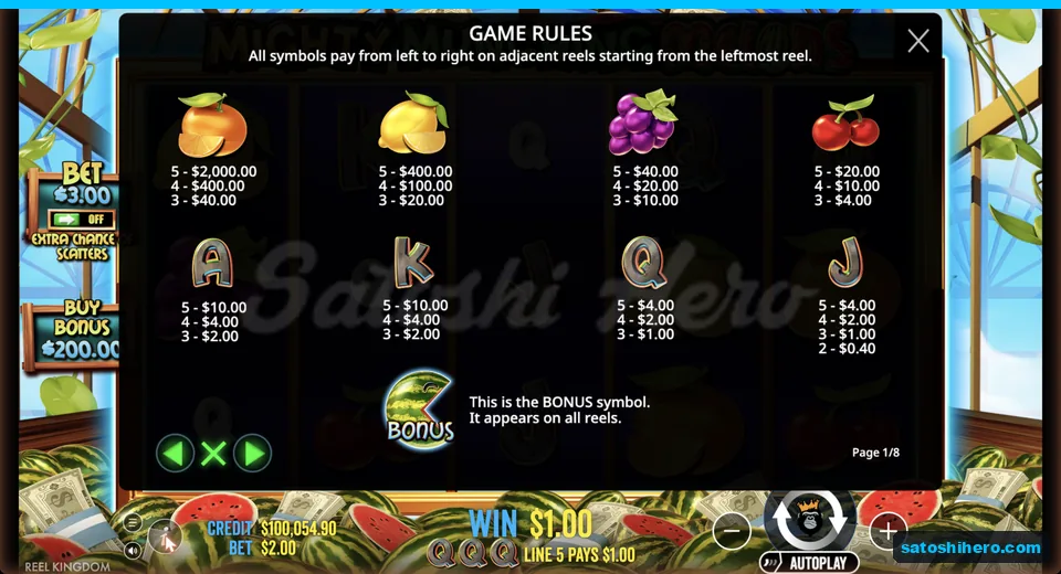 Paytable shows fruit royals and bonus values