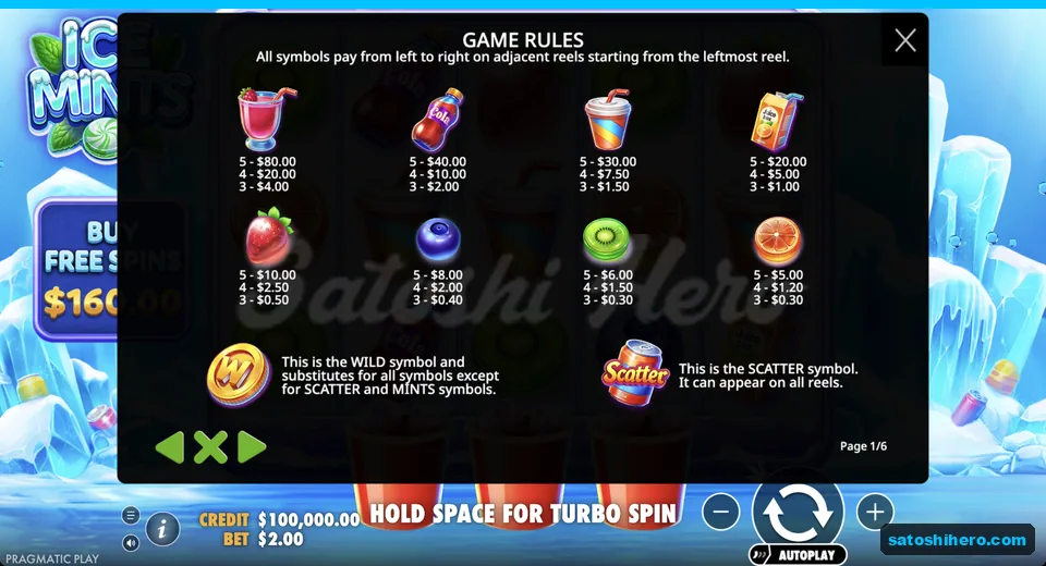 Paytable lists drink and fruit values