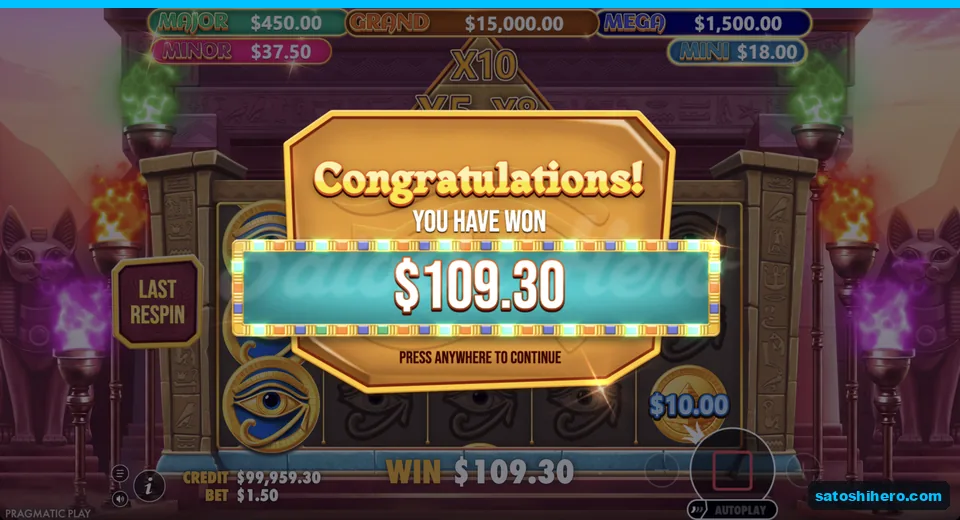 Win screen shows $109.30 final payout