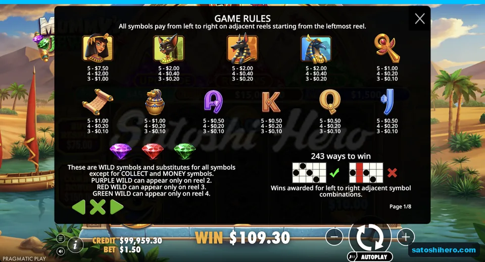 Paytable lists symbols and wild values