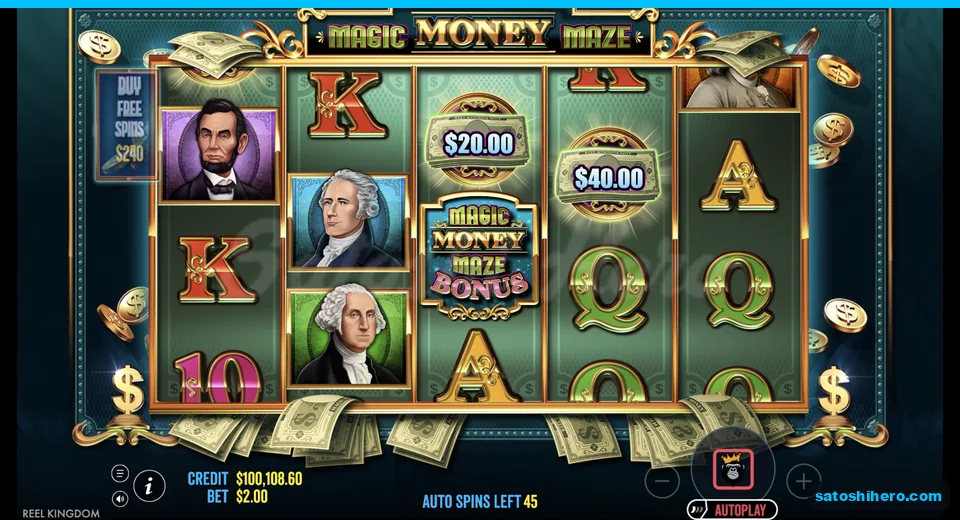 Money and Bonus symbols appear on reels