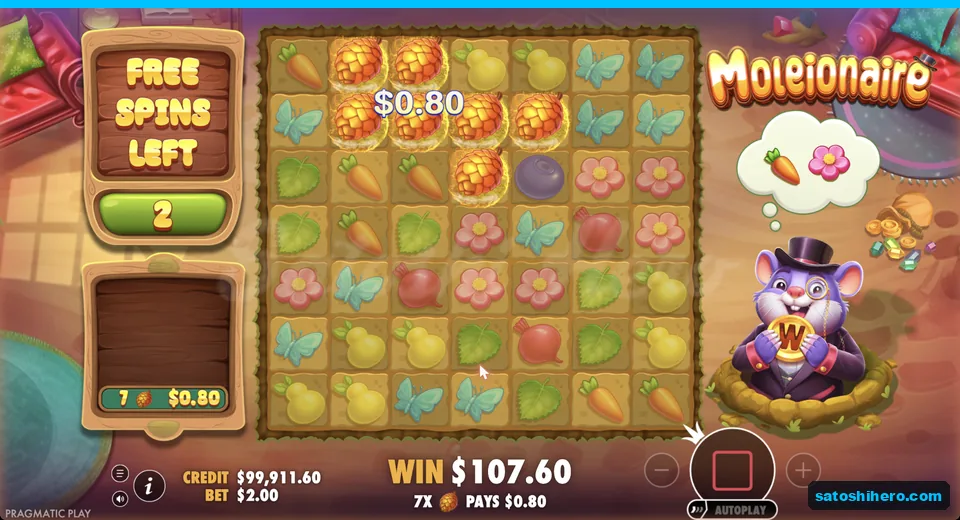 Free spins round shows 105.20 collected