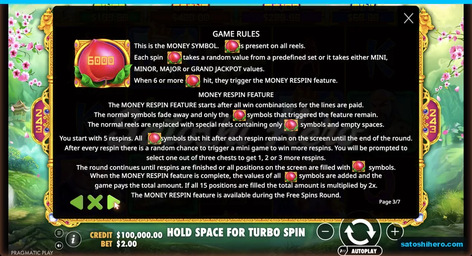 Respin rules show peach values and jackpots