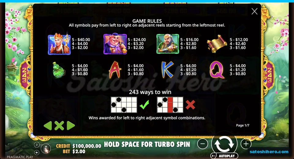 Rules list symbol pays and 243 ways