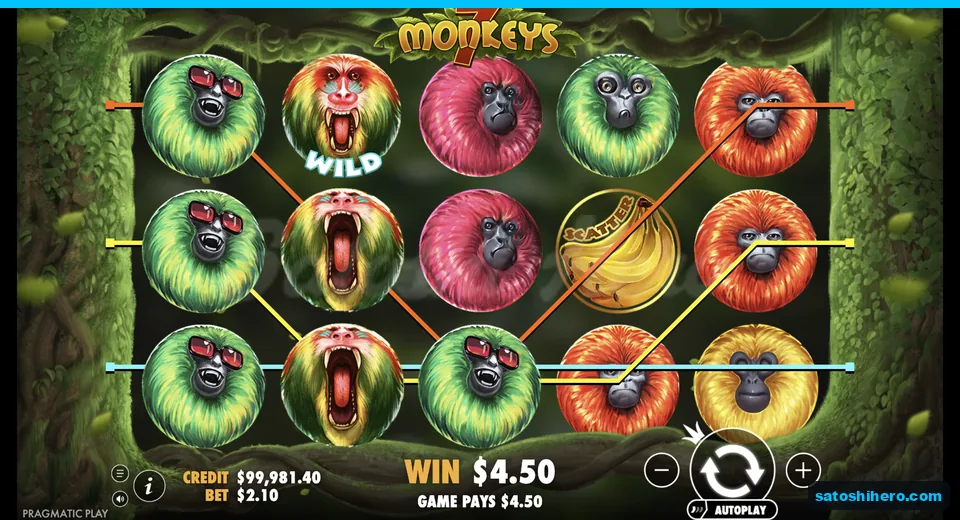 Line win resolves with green monkeys and Wild