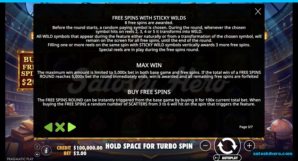 Rules page shows free spins and buy option