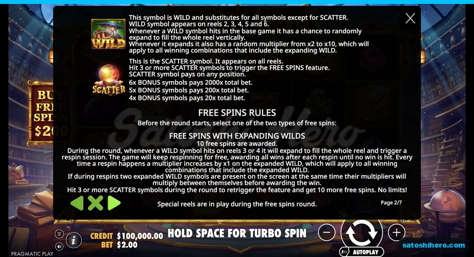 Special symbols page explains wild and scatter
