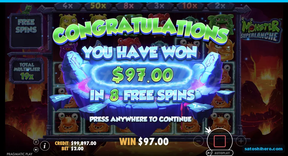 Total win screen shows ninety seven dollars