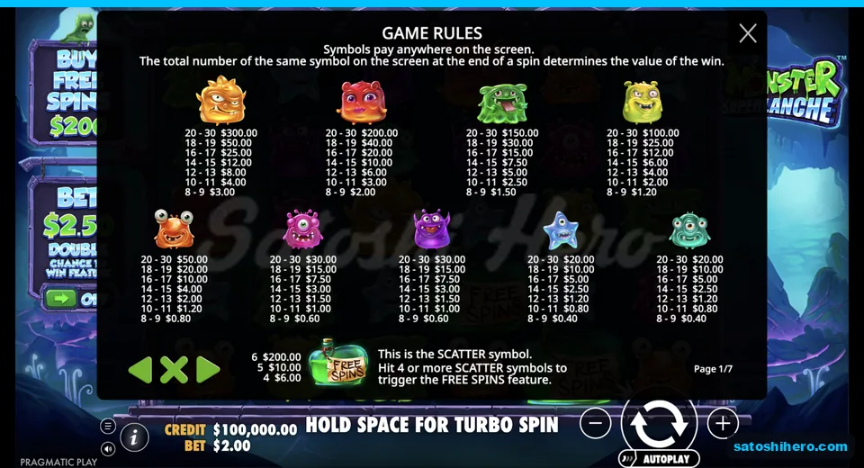 Symbol pays list shows monsters and scatter values
