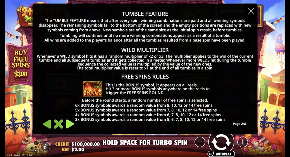 Rules page explains tumbles, Wilds, and free spins