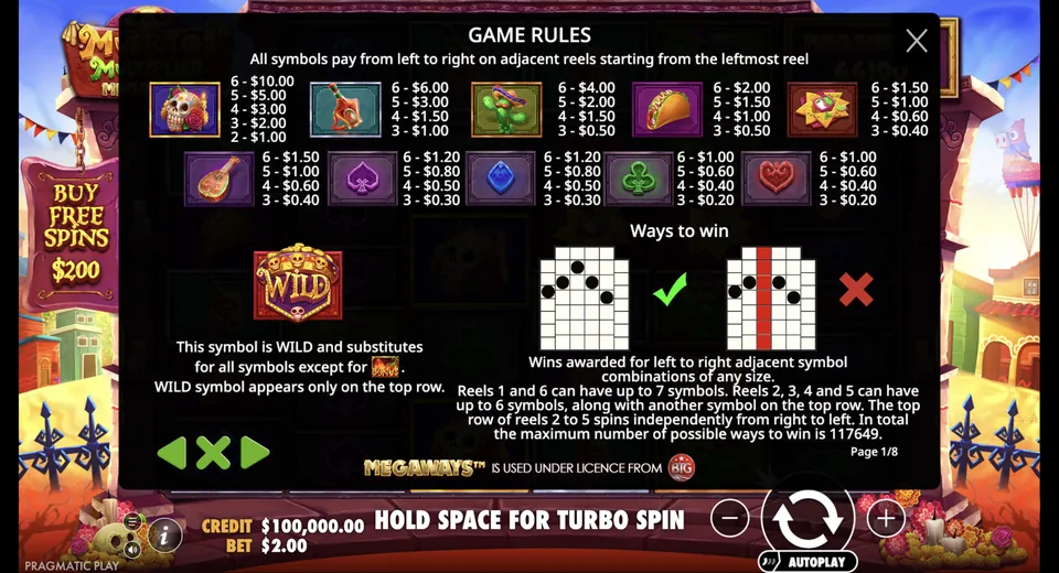 Info page lists symbols, Wild, and 20-payline rule