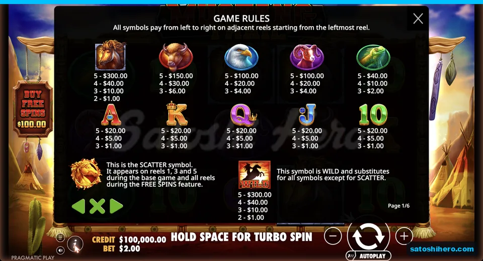 Paytable lists animals, ranks, scatter, and wild