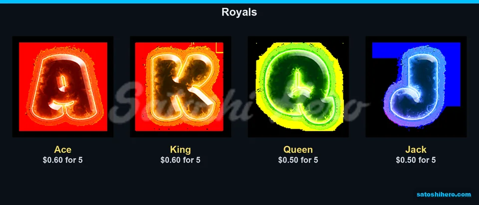Neon royal symbols fill lower paytable