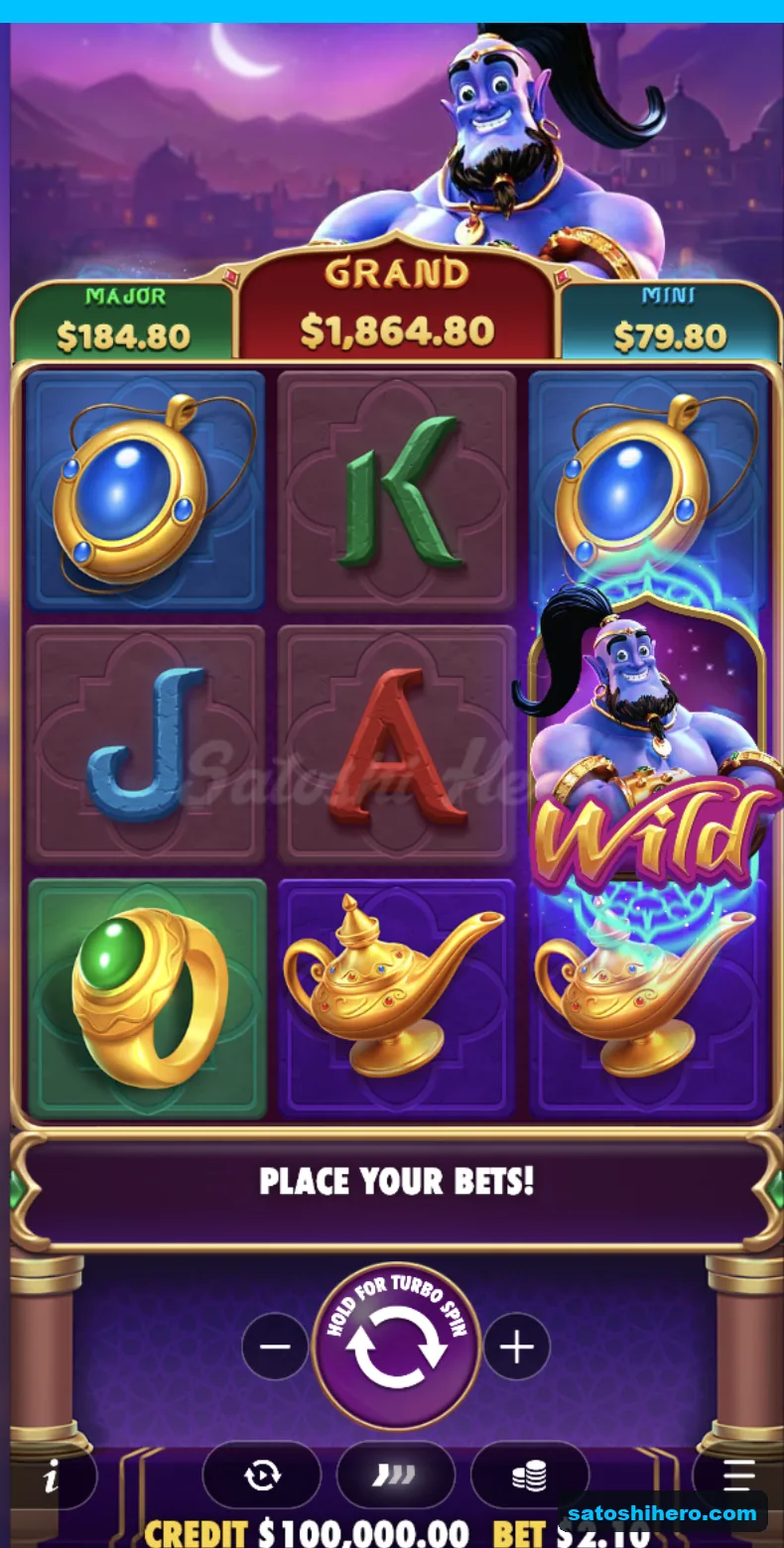 Base grid idles with stacked wild and jackpots