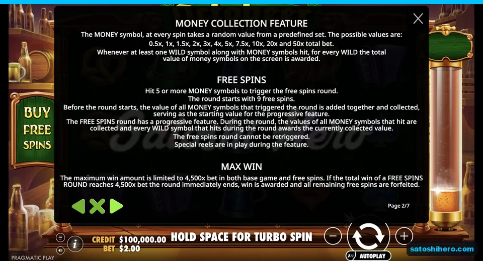 Rules panel explains Money values and free spins