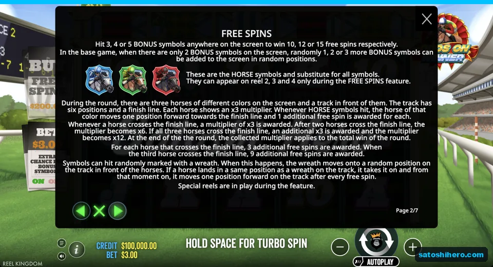 Horse symbols and free spins rules shown