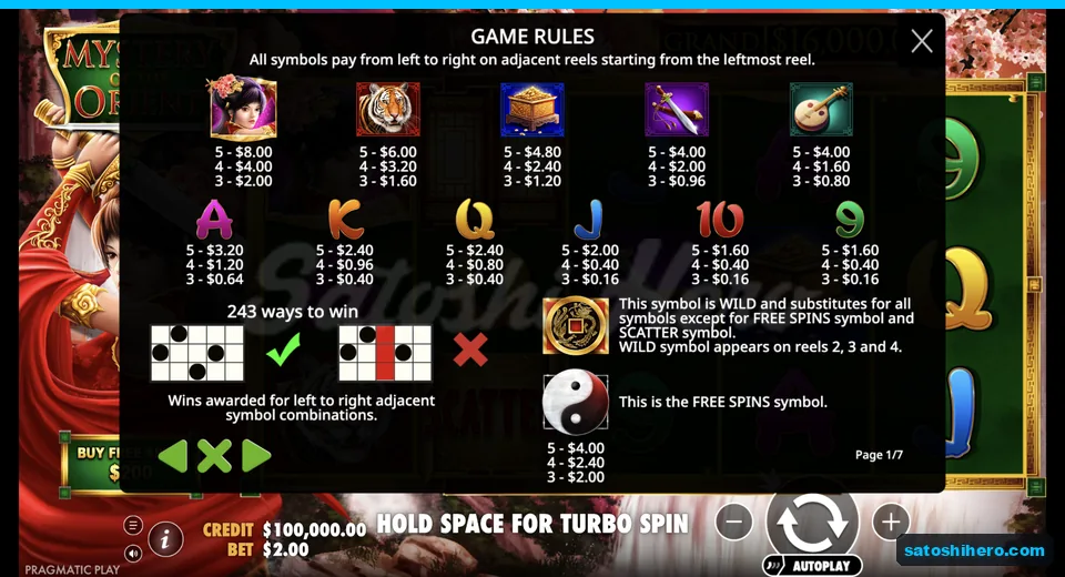 Paytable lists geisha tiger chest and Wild values