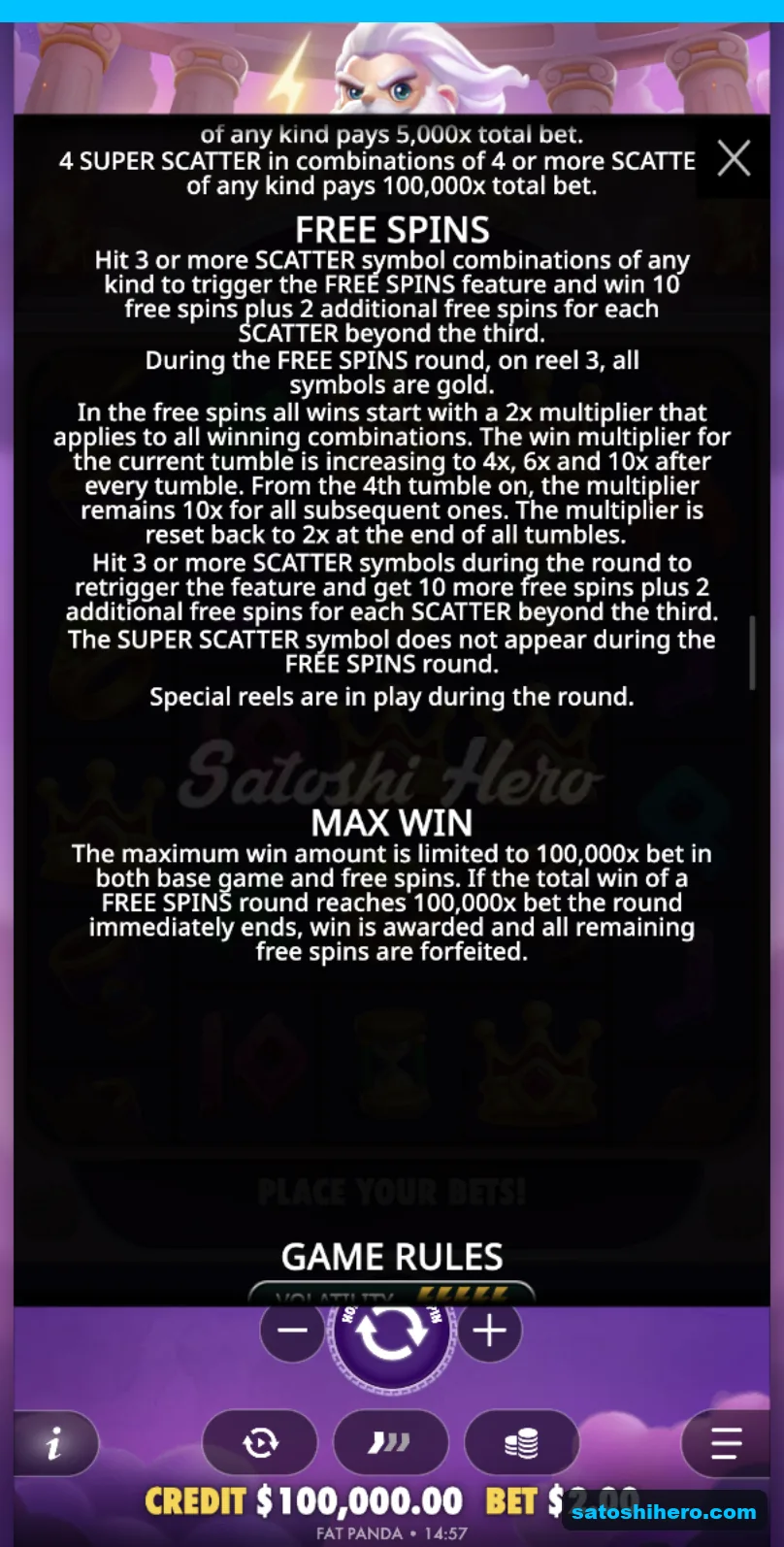 Rules page explains the gold middle reel