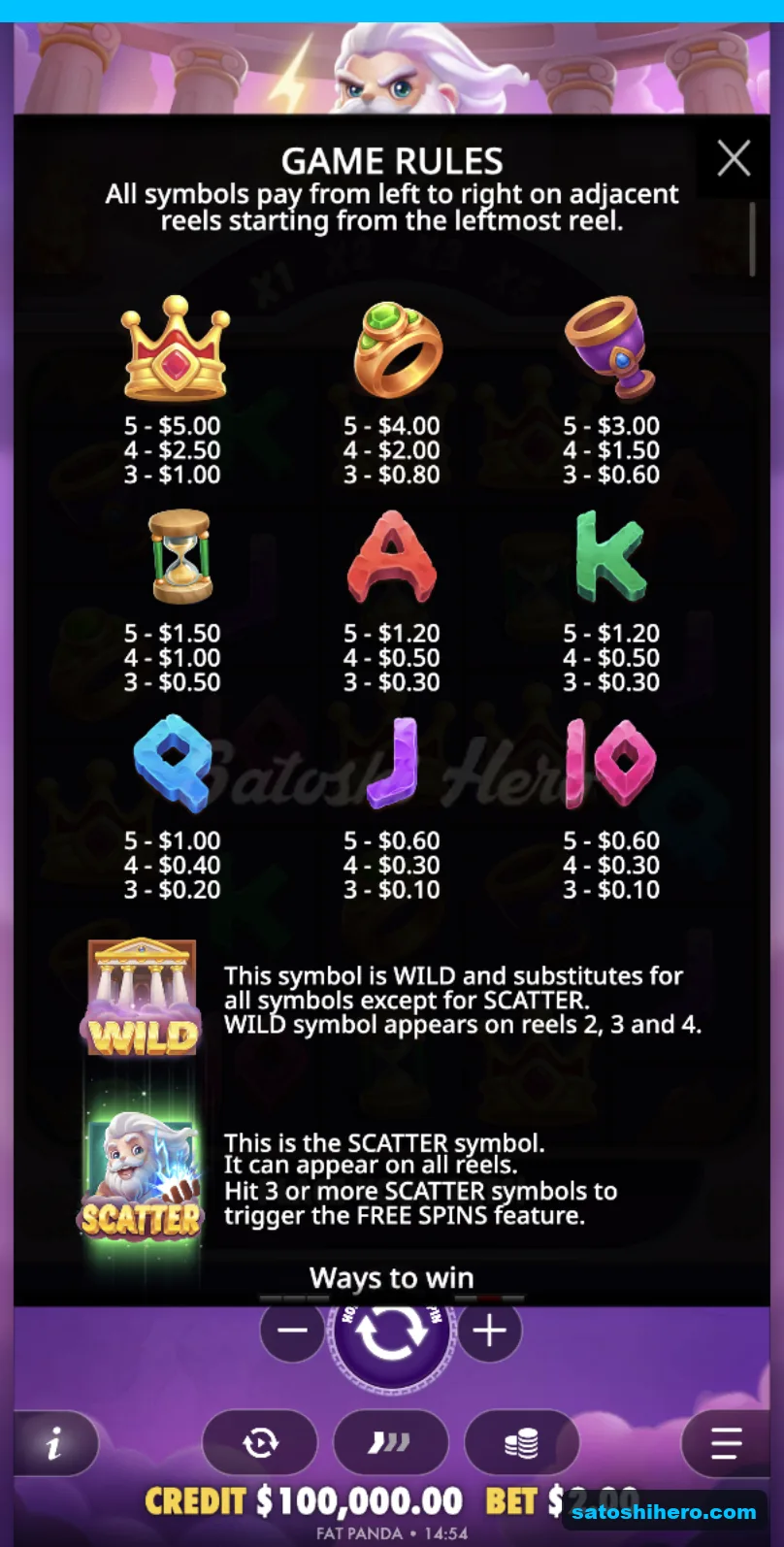 Rules page lists symbol payouts and special icons